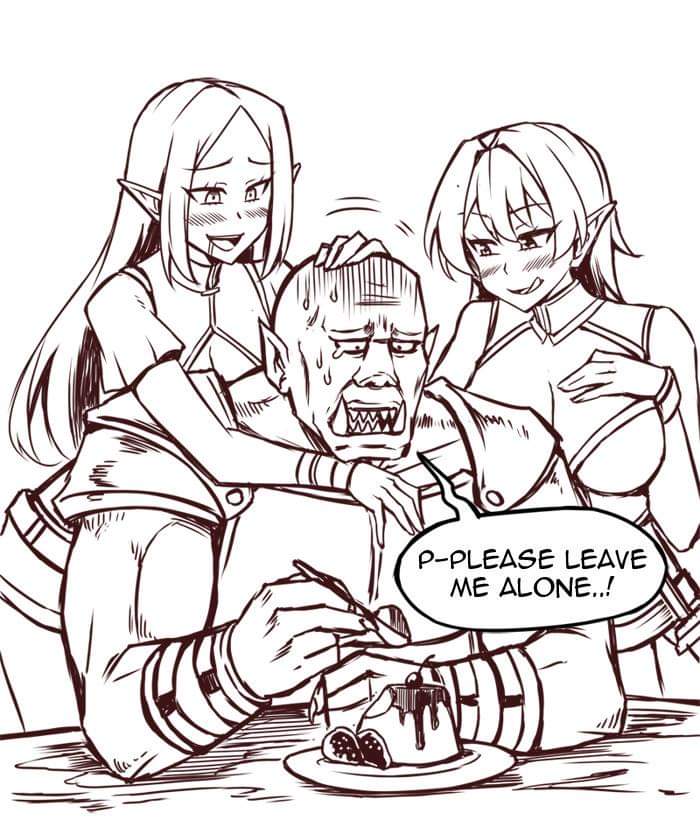 Drunk Elves Harassing an Orc in a Tavern